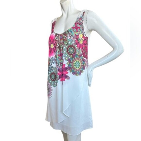 Desigual White Sleeveless Tiered Bead Floral Print Mini Corvus Dress Size 36 XS - Picture 15 of 16